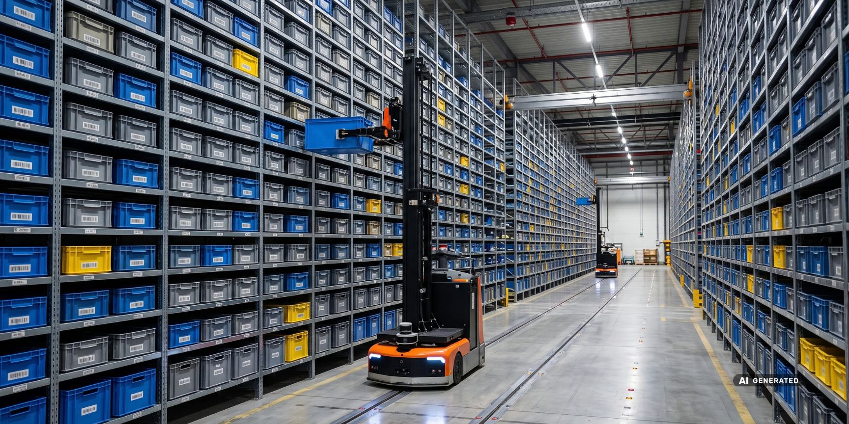 Innenansicht eines automatisierten Kleinteilelagers in Deutschland mit extrem hoher SKU-Vielfalt. Ein moderner Roboter kommissioniert Lagerbehälter.
